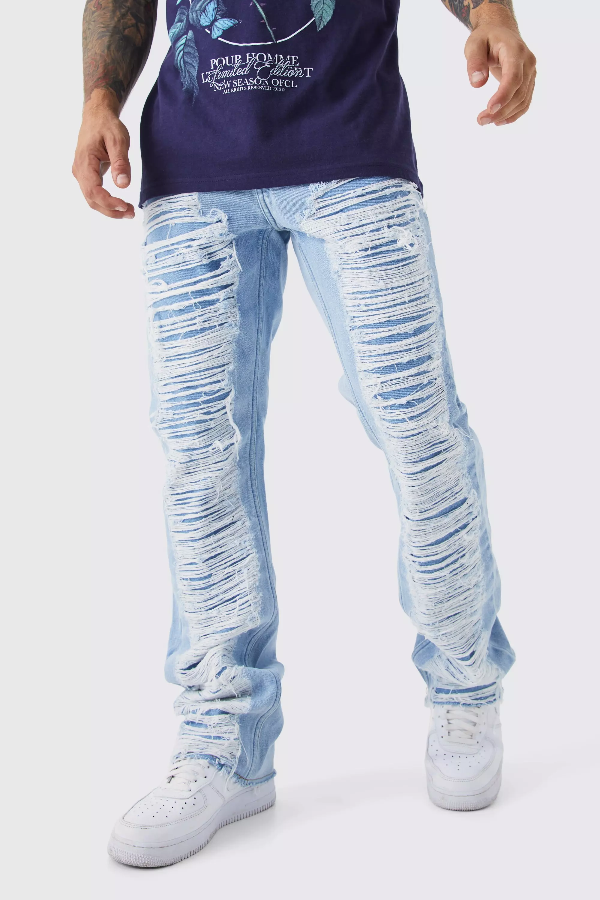 Blue extreme hot sale ripped jeans